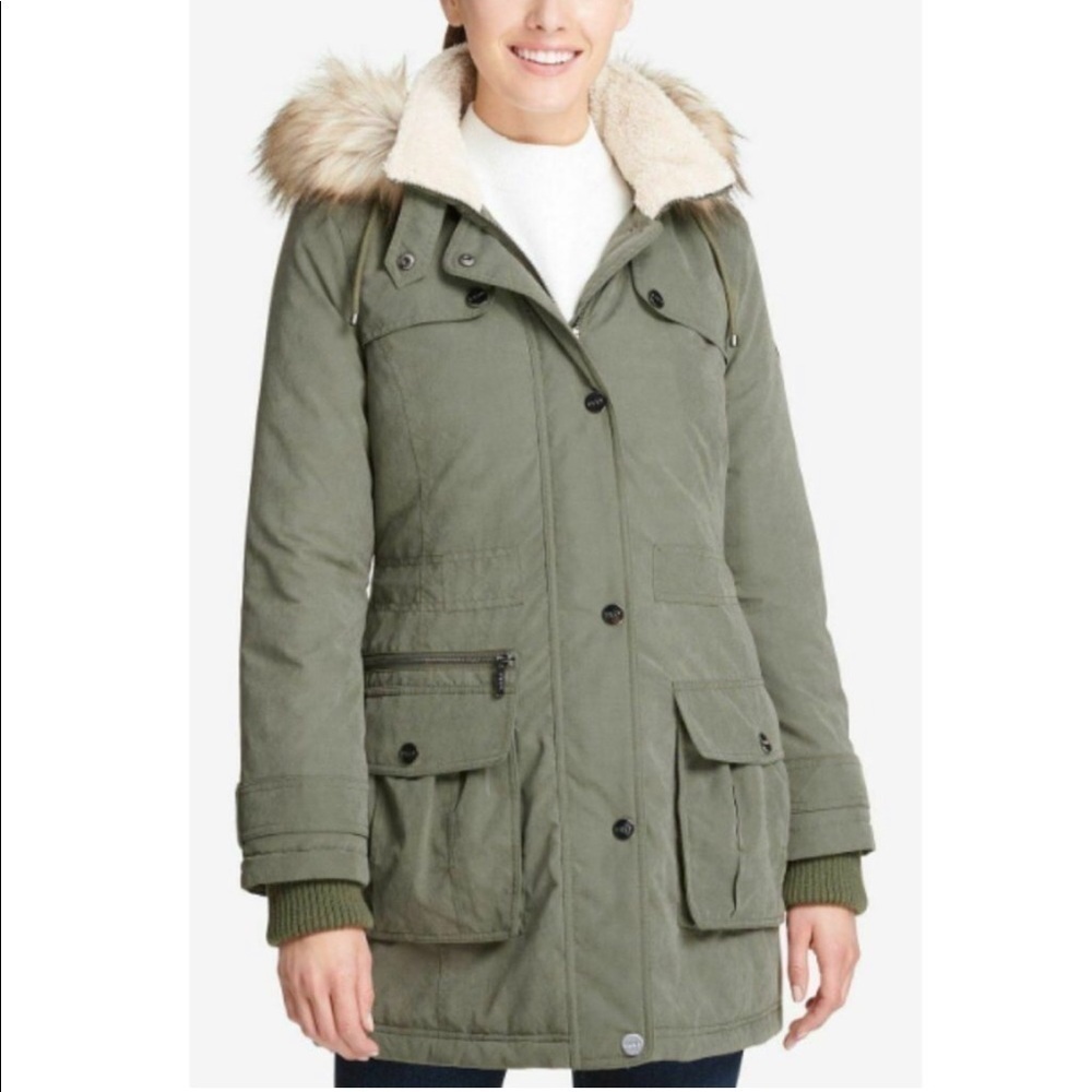 DKNY Anorak Coat faux fur hooded Olive green Size: - Picture 4 of 11
